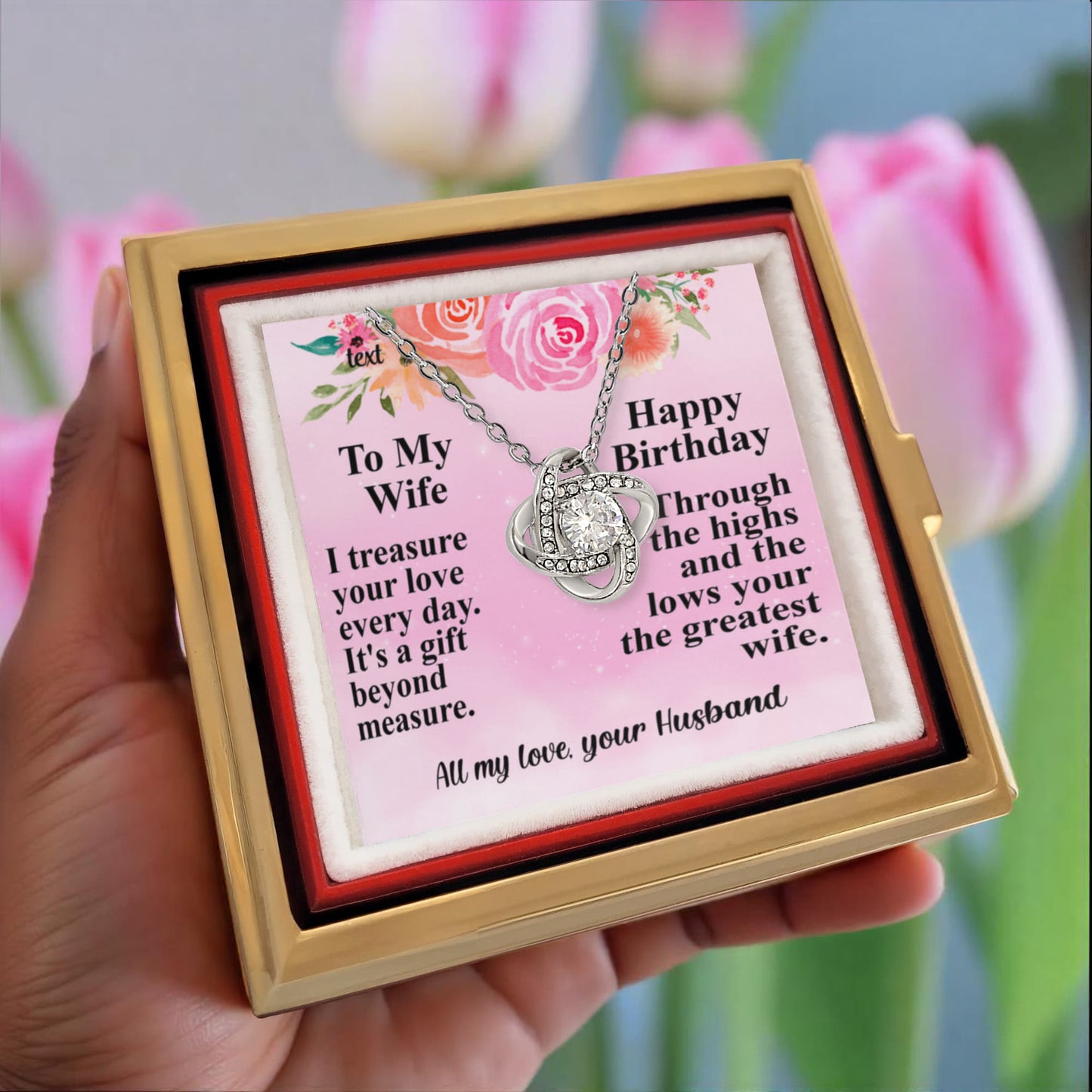 To My Wife Happy Birthday-Love Knot with Rotating Rose Gift Box
