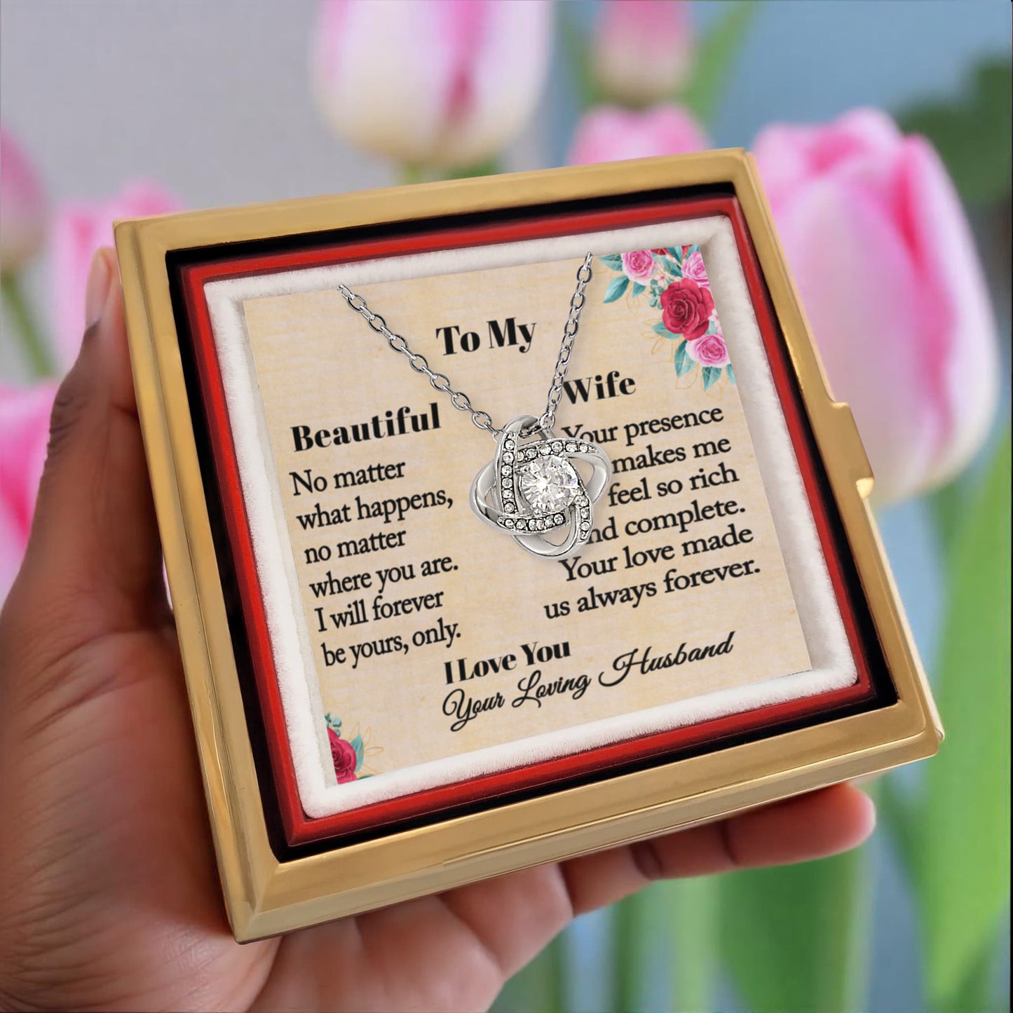 To My Beautiful Wife-Love Knot with  Rotating Rose Gift Box